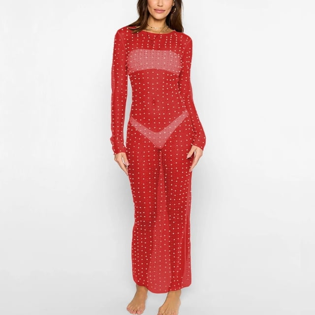 LOVZFMLL Robes Femmes Robe Perles Robes d'Été pour Femmes Robe Longue Maxi pour Femmes Robe de Plage Biker Robe de Couverture Robe Longue à Manches Longues en Maille Transparente