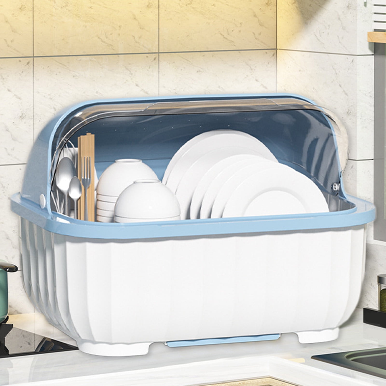 Portable Dinnerware Drainer Organizer,Dish Racks with Lid Cover for Kitchen Counter Plastic Kitchen Cabinet Organizer Dish Drying Rack Utensil Holder Plates Bowls Saving Space