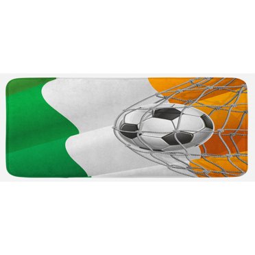 Irish Kitchen Mat, Sports Theme Soccer Ball in a Net Game Goal with Ireland National Flag Victory Win, Plush Decorative Kitchen Mat with Non Slip Backing, 47" X 19", Multicolor, by Ambesonne