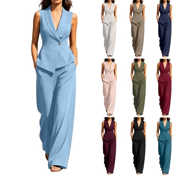 Aimik Womens 2 Piece Outfits Sleeveless Suit Coat and Wide Leg Pants Set Summer Business Formal Outfits with Pockets