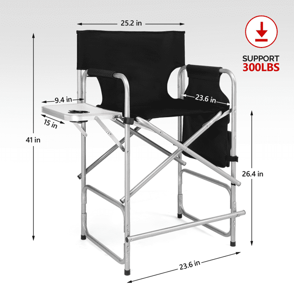 Folding Director Chair with Side Table & Storage Pockets, 41"x23.6"x26.4" Heavy Duty Spray-Coated Metal Frame Makeup Artist Chair, Supports 300 LBS, Black Oxford Fabric, No Carry Bag