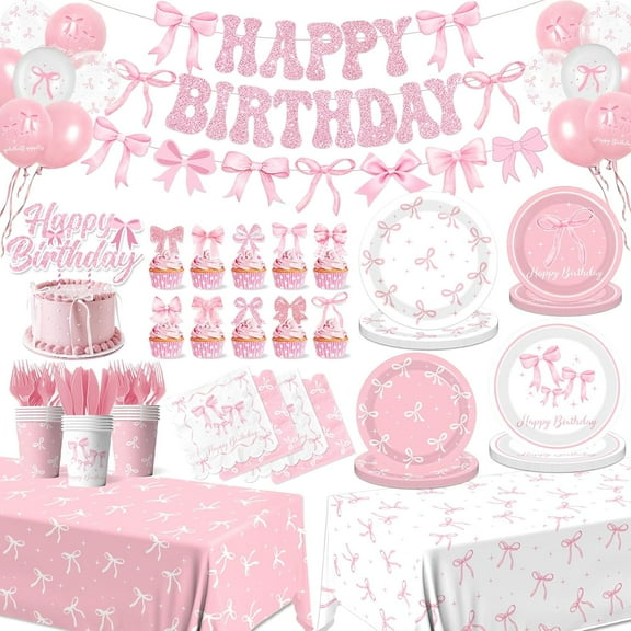 Pink Bow Birthday Decorations Serve 24, Coquette Birthday Decorations Tableware Sets Include Plates Napkins Cups Banner Balloons Tablecloth Cake Topper for Girls Party Supplies