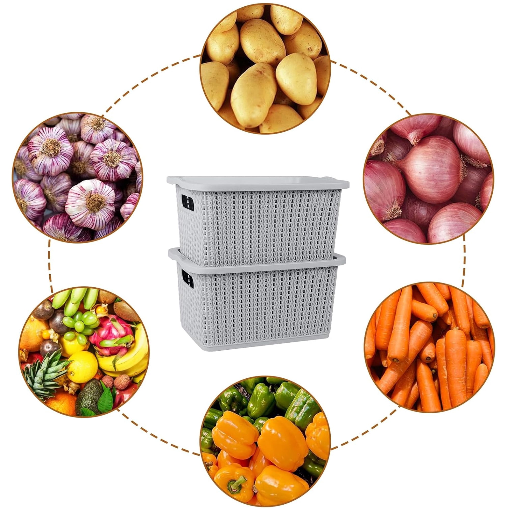 Pethiy 2-Pack Stackable Vegetable Bins, Onion Potato Storage Baskets with Lids, BPA-Free Plastic Canisters for Pantry Countertop Kitchen Organization