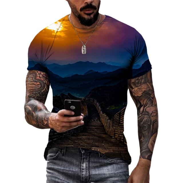 Mode Nouveau le Grand Paysage Mural T-Shirts Graphiques Été Hommes Décontracté style Chinois Imprimé 3D Col Rond Manches Courtes Hauts