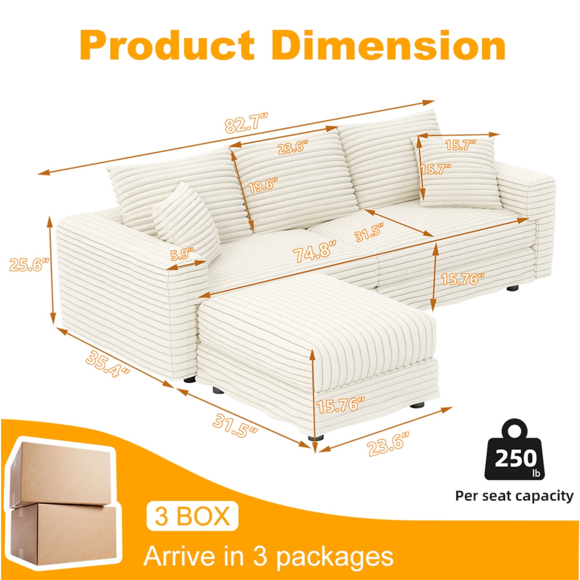 Alvantor 3-Seat Sofa with Movable Ottomans 83 " W Corduroy Upholstered Deep Seat Couches L Shaped Convertible Chaise for Living Room, Apartment Beige