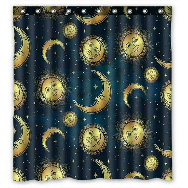 Sky Waterproof Polyester Shower Curtain, Sun Moon Stars Shower Curtain Hooks