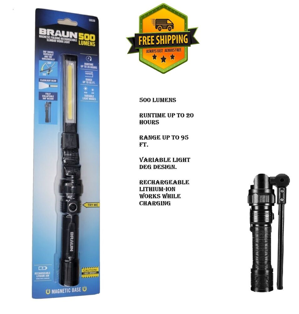braun magnetic slim bar folding rechargeable led light flashlight 500 Lumen Handheld Foldable Work Braun 500 Lumen Rechargeable Magnetic