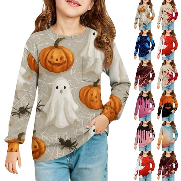 Halloween 2025 NEW Girls Long Sleeve Shirts Fall Cute Ghost Basic Shirts Size 1-2 Kids Crew Neck T Shirts Trendy Girls Tops Tween Girls Clothes