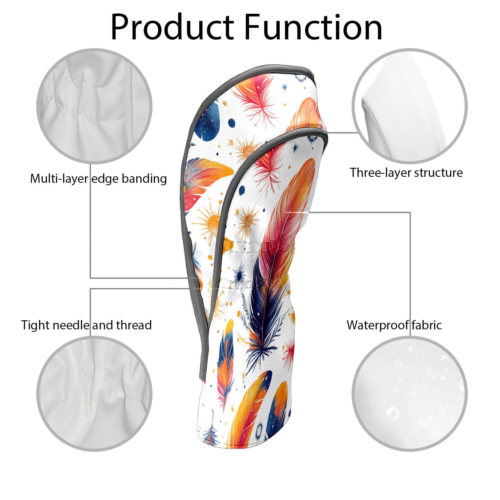 Golf Club Covers PU Leather Waterproof Head Covers for Fairway Woods Hybrids Bright Feathers
