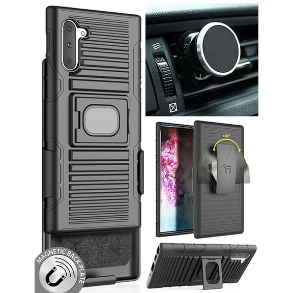 Case/Mount/Clip for Galaxy Note 10, Nakedcellphone Black Ring Grip [Rugged Cover with Stand]   [Belt Hip Holster]   [Magnetic Car Holder] for Samsung Galaxy Note 10 Phone (SM-N970, SM-N971)