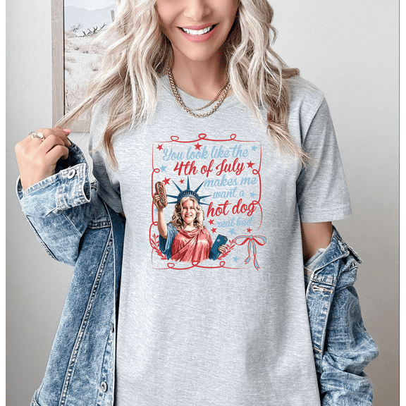 Moonlight Apparel Funny 4th of July Lady Liberty Graphic Tee You Look Like the Fourth of July Hot Dog Shirt Patriotic Women's Humor T-Shirt