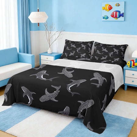 Manfei Cartoon Whale Shark Full Size Sheets for Kids Boys and Girls Nautical Marine Print Bed Sheets 4pcs 1 Flat Sheet 1 Fitted Sheet and 2 Pillowcases