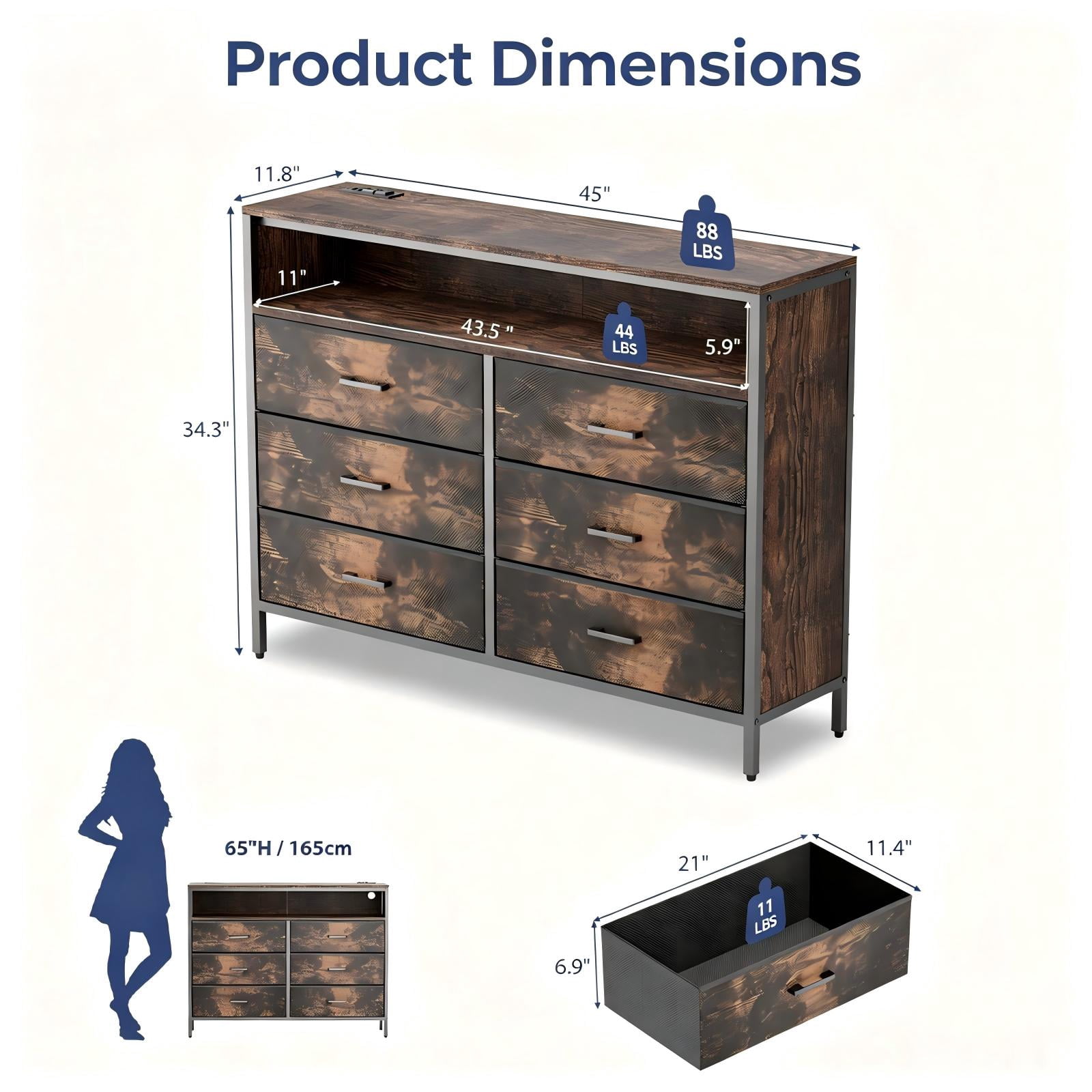 6-Drawer TV Cabinet with RGB Light Strip and Power Hub, 45 x 11.8 x 34.3 in, Rotten Wood
