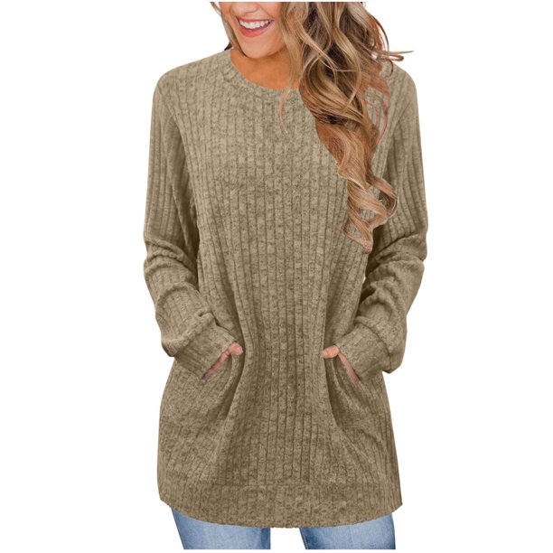 Neewe Womens Classic Plain Long Sleeve Tops Fall Winter Pullover T Shirts Round Neck Casual Fashion Basic Sweatershirt with Pocket