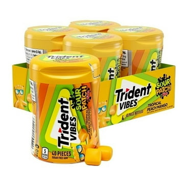 Trident Vibes Sour Patch Kids Sugar Free Gum, Peach Mango, 40 Regular Size Piece Bottle, 4-Pack