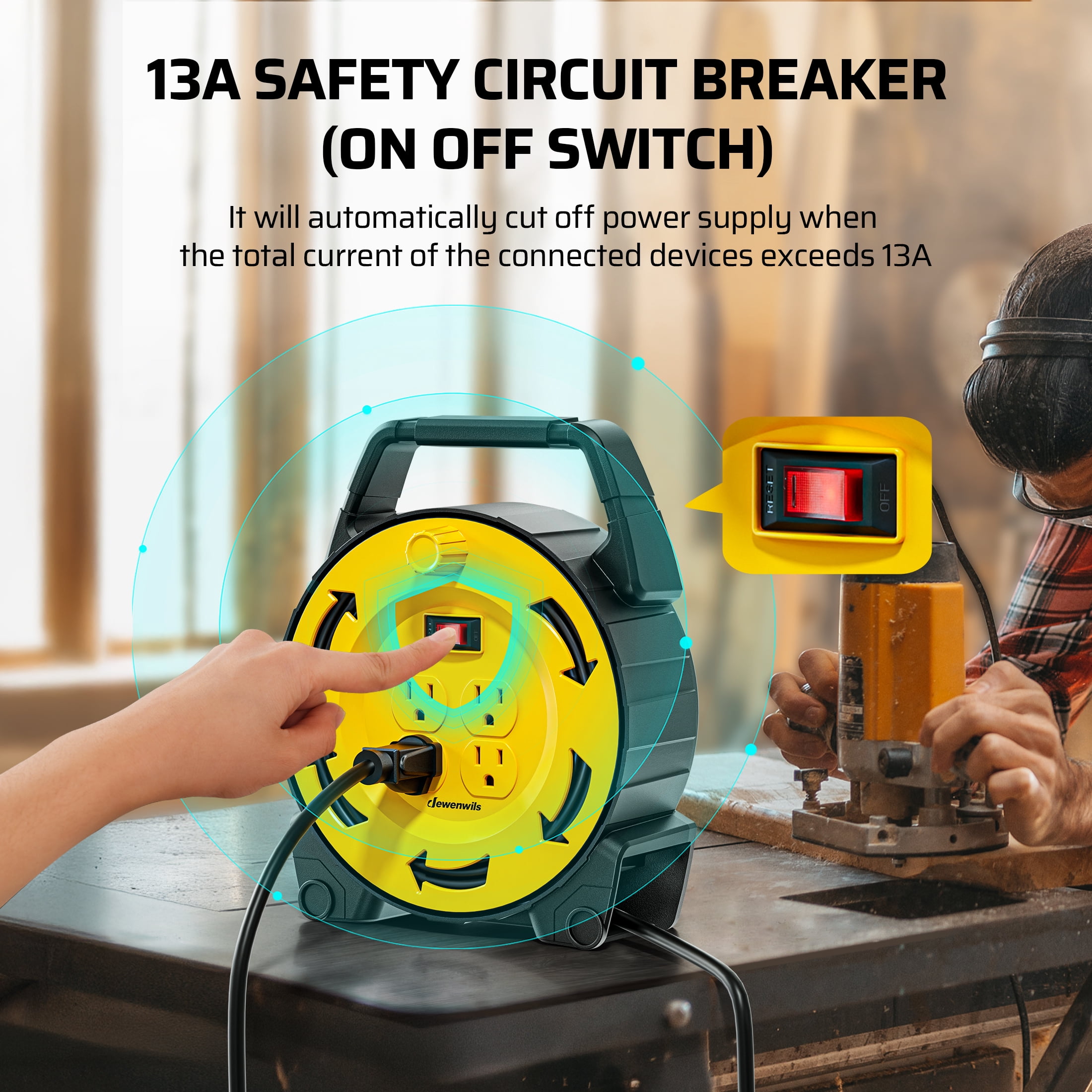 DEWENWILS Extension Cord Reel with 30 FT Power Cord, Hand Wind Retractable, 16/3 AWG SJTW, 4 Grounded Outlets, 13 Amp Circuit Breaker, Yellow Black, UL Listed