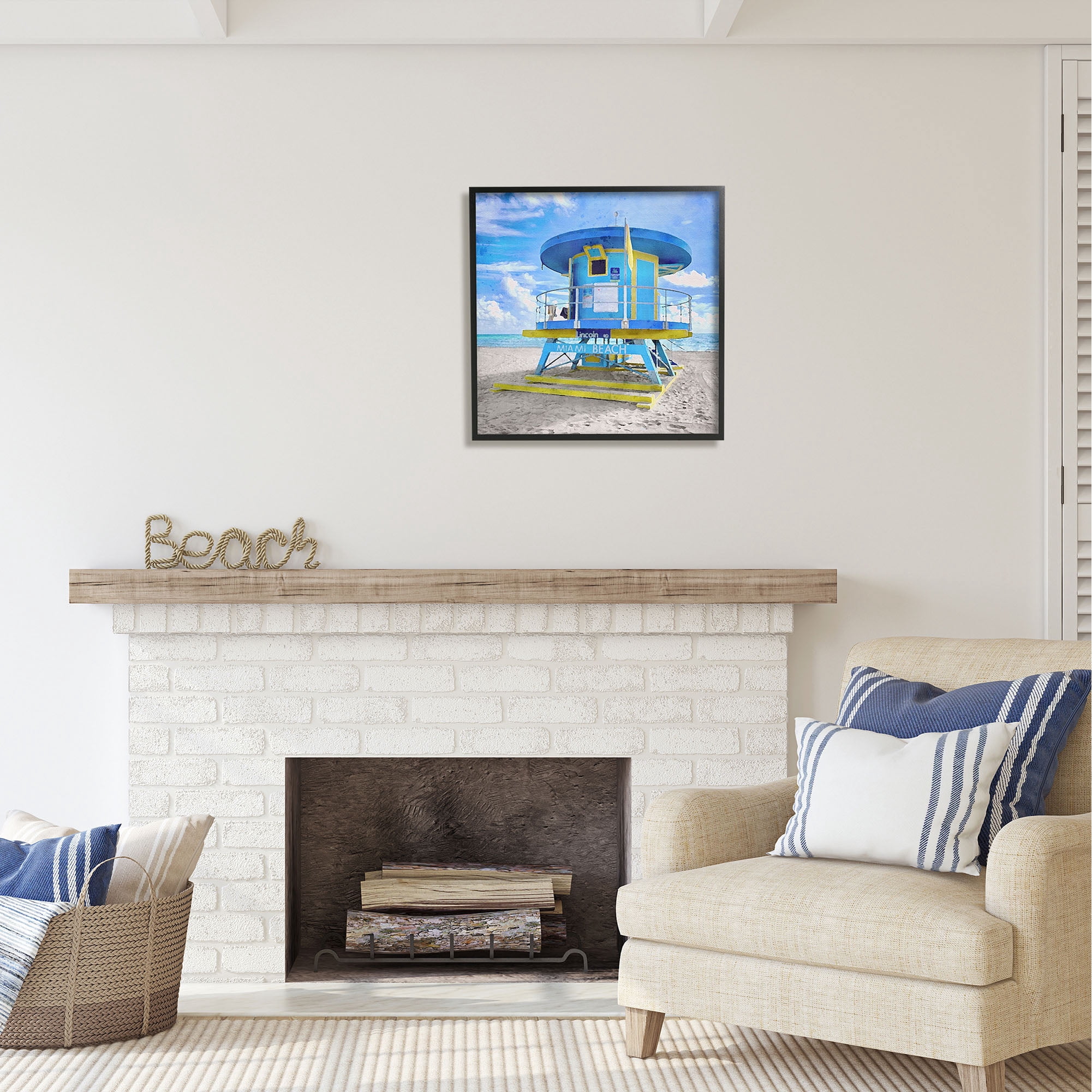 Stupell Industries Miami Beach Summer Hut Nature Painting Black Framed Art Print Wall Art, 24 x 24