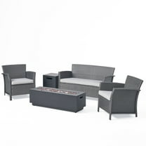 GDF Studio Wimpole Outdoor Wicker 4 Seater Chat Set with Fire Pit, Gray, Light Gray, and Dark Gray