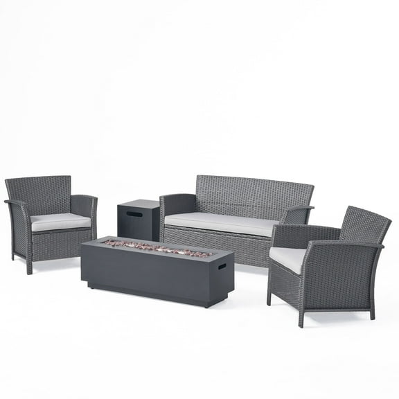 GDF Studio Wimpole Outdoor Wicker 4 Seater Chat Set with Fire Pit, Gray, Light Gray, and Dark Gray