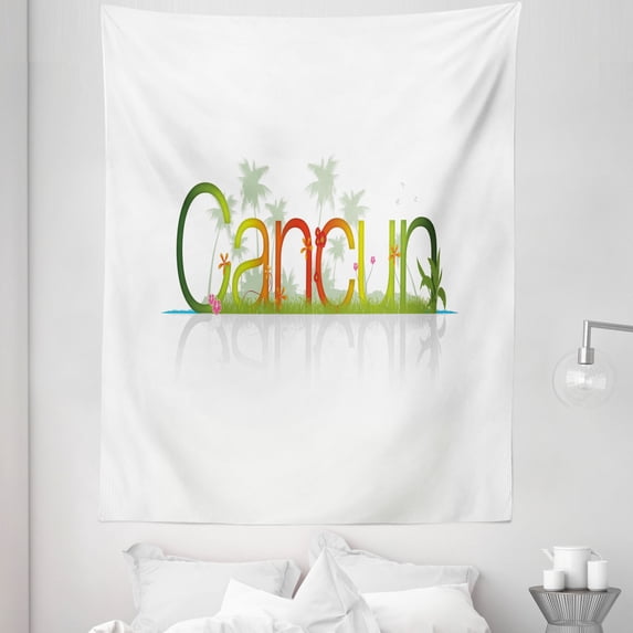 Cacun Tapestry, Tropical Typography of the City in Mexico with Palm Trees on a Plain Background, Fabric Wall Hanging Decor for Bedroom Living Room Dorm, 5 Sizes, White Multicolor, by Ambesonne
