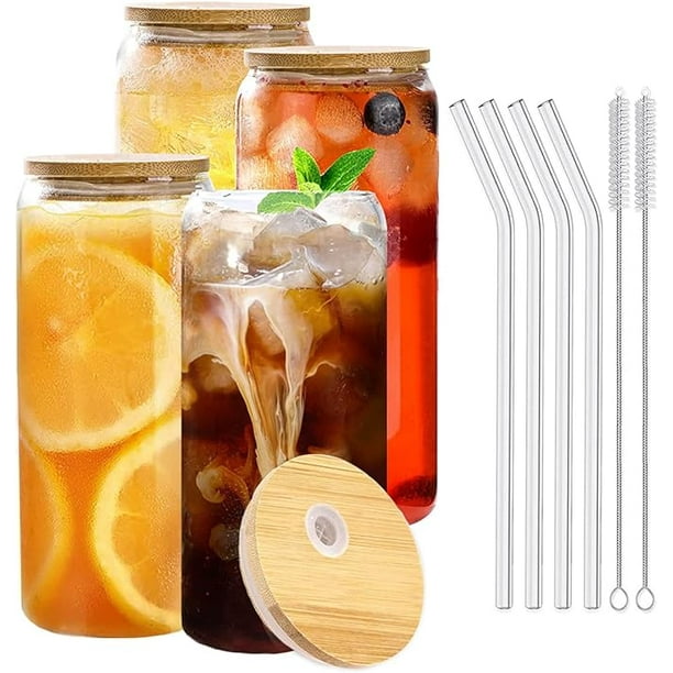 Vasos de Vidrio E T EASYTAO con Tapa 16 Onzas Juego de Vasos de Vidrio con Tapas de Bambu y Popotes