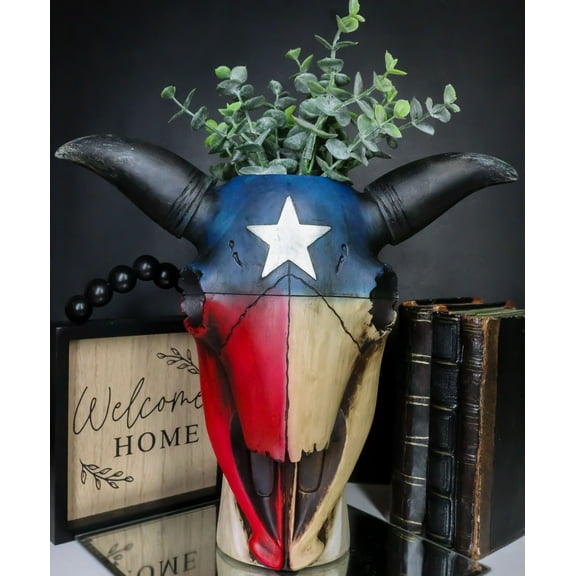 Western Patriotic Texas State Flag Lone Star Rustic Cow Skull Vase Planter Decor