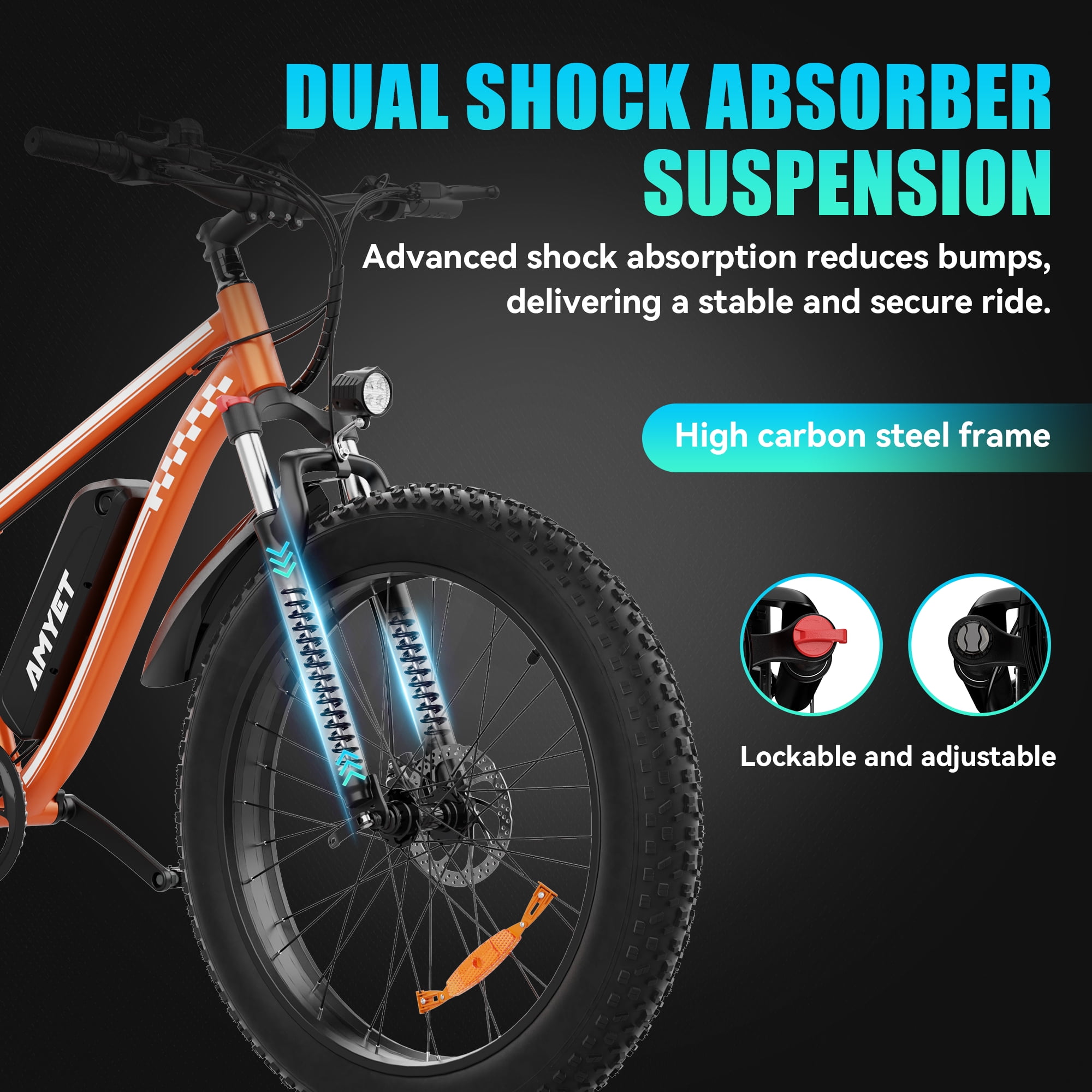 AMYET EB26 Electric Bike for Adults, 26*4.0 Fat Tire E-Mountain Bicycle,Peak 1500W Motor 48V 15Ah 7-Speed Ebike UL2849 Orange