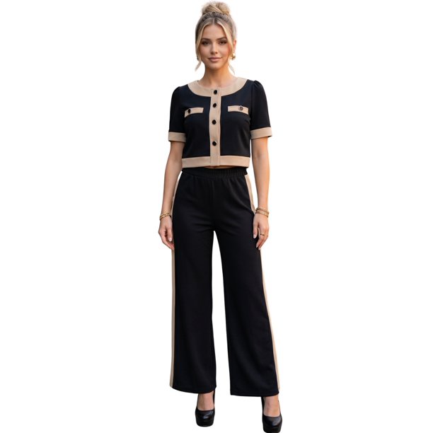 Conjunto Casual para Mujer 2 Piezas Blusa Crop con Botones Decorativos y Pantalón Palazzo de Pierna Ancha