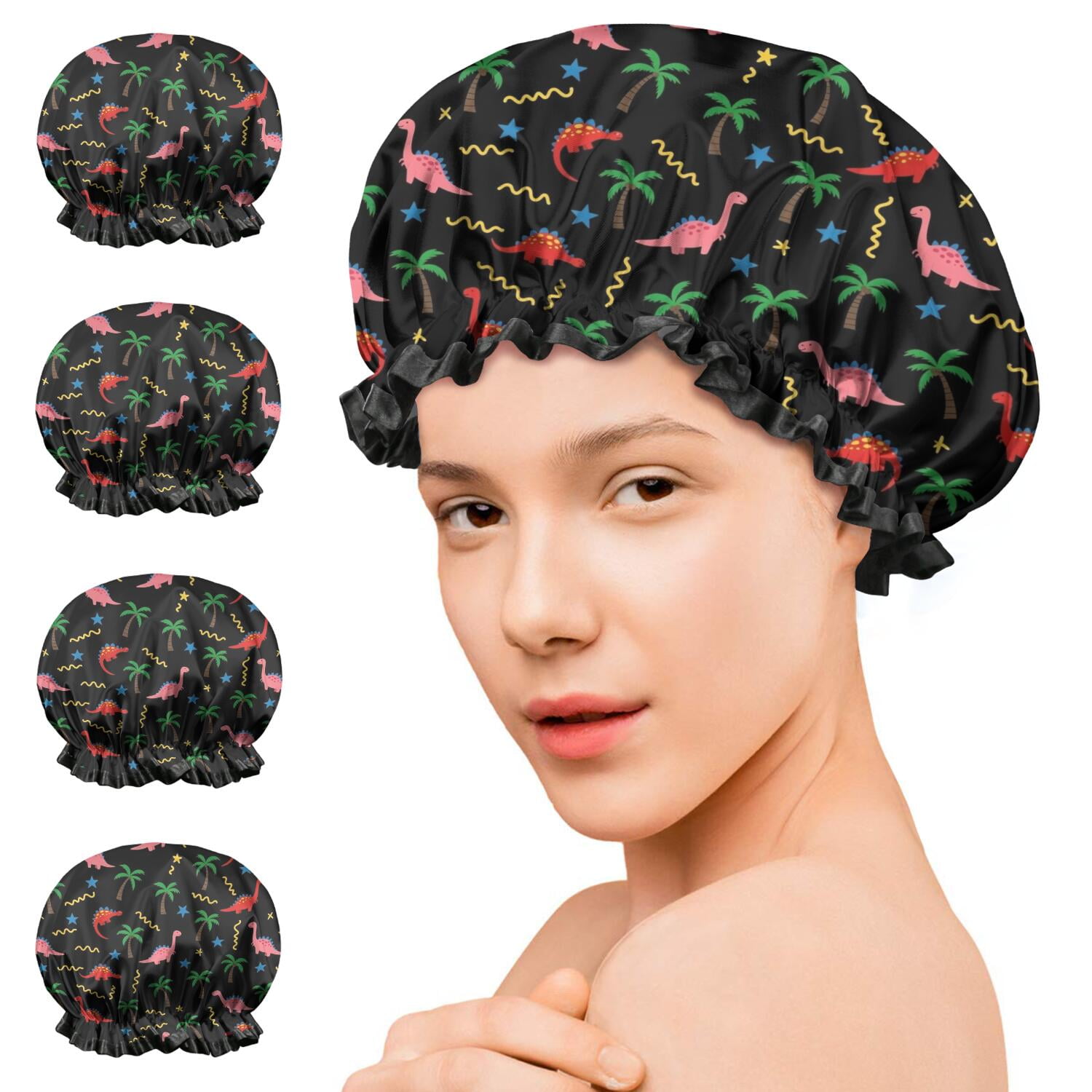 Shower Caps,Pink Dinosaurs Cosmic Stars Waterproof Shower Cap for Women 4 Pieces,Double Reusable Hair Cover for Shower PEVA Elastic Stretch Hem
