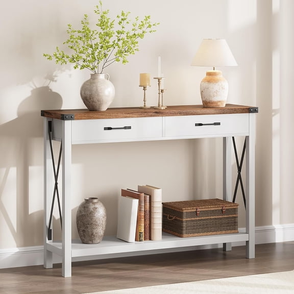 43” Entryway Table with Drawers, Narrow Console Sofa Table with Storage & Shelves, Farmhouse Entryway Console Table for Hallway, Living Room - White