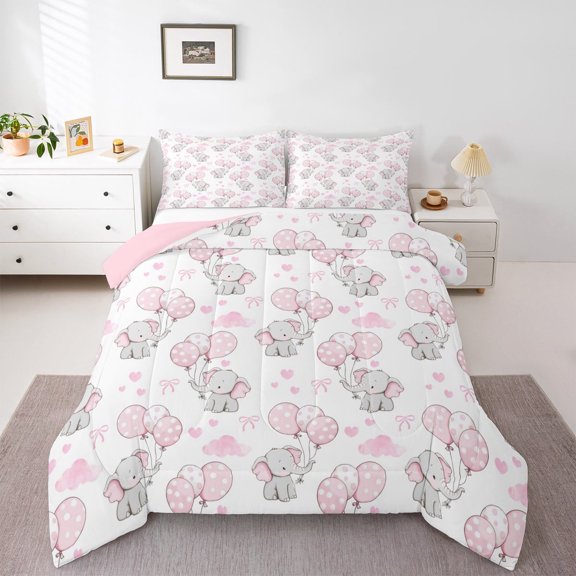 jejeloiu Kawaii Bow Balloon Bedding Comforter Set,Wild Animal Elephant Twin Comforter Sets,Pink White Love Bedding Set,Breathable Bedroom Decorative Reversible,2 Pieces