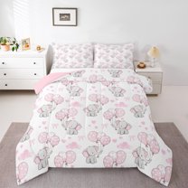 jejeloiu Kawaii Bow Balloon Bedding Comforter Set,Wild Animal Elephant Twin Comforter Sets,Pink White Love Bedding Set,Breathable Bedroom Decorative Reversible,2 Pieces