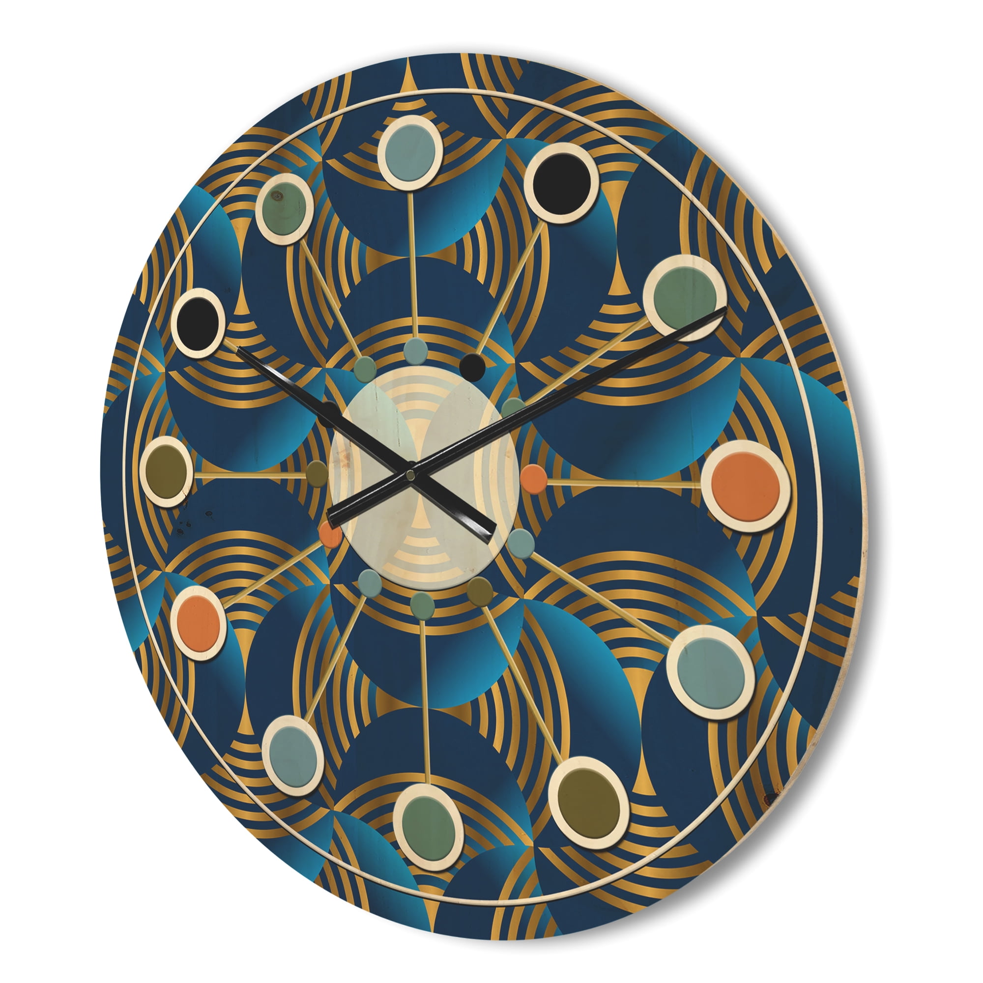 Designart 'Geometric Abstract Waves in Marine Blue and Gold' Mid-Century Modern Wood Wall Clock