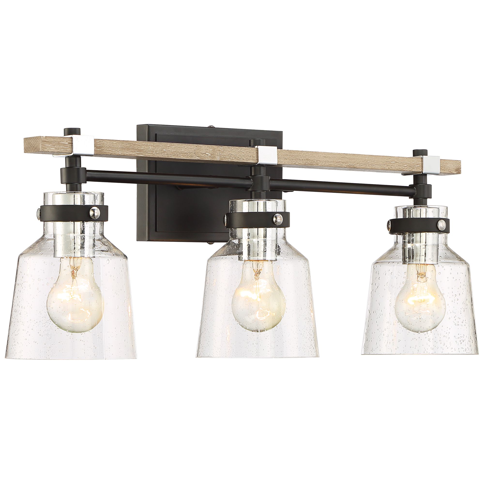 Possini Euro Design Broadway Modern Industrial Wall Light Black Faux Wood Hardwire 23" 3-Light Fixture Clear Seedy Glass for Bedroom Bathroom Vanity