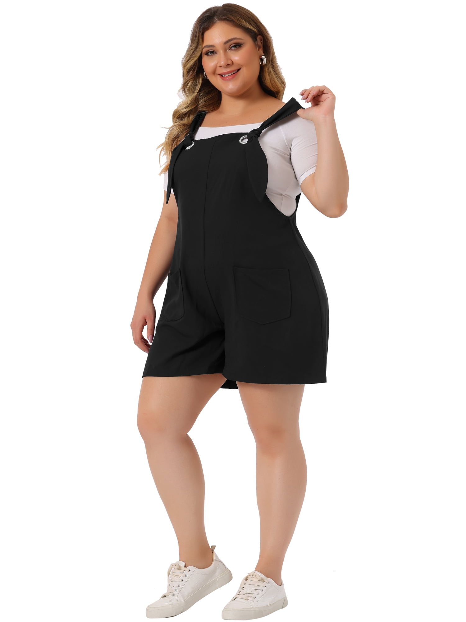 DARING DIVA Women's Plus Sleeveless Square Neck Tie Shoulder Romper Shorts 1X Black
