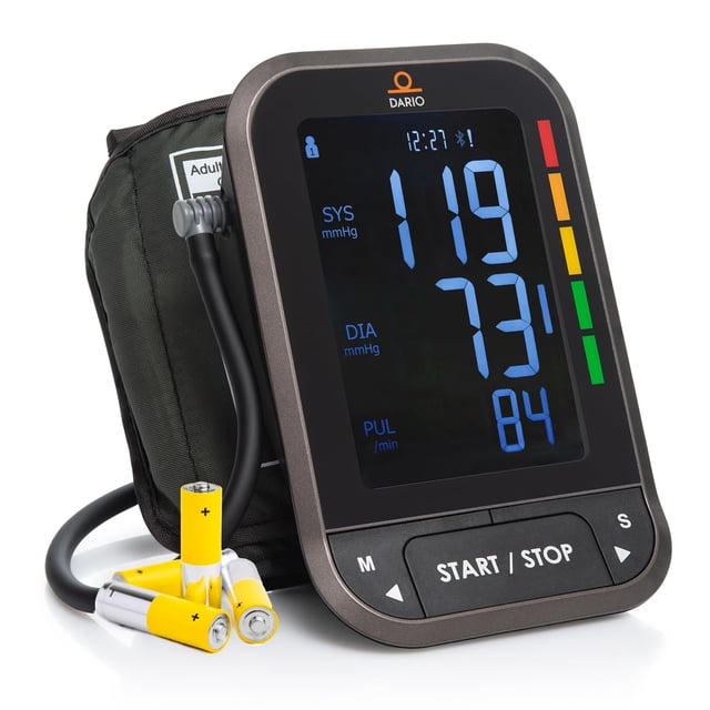 Tensiómetro automático Dario Gen2 para uso doméstico, pantalla LCD retroiluminada, brazalete ajustable grande (8,75-16,5 pulgadas), aplicación Bluetooth inteligente y estuche de transporte.