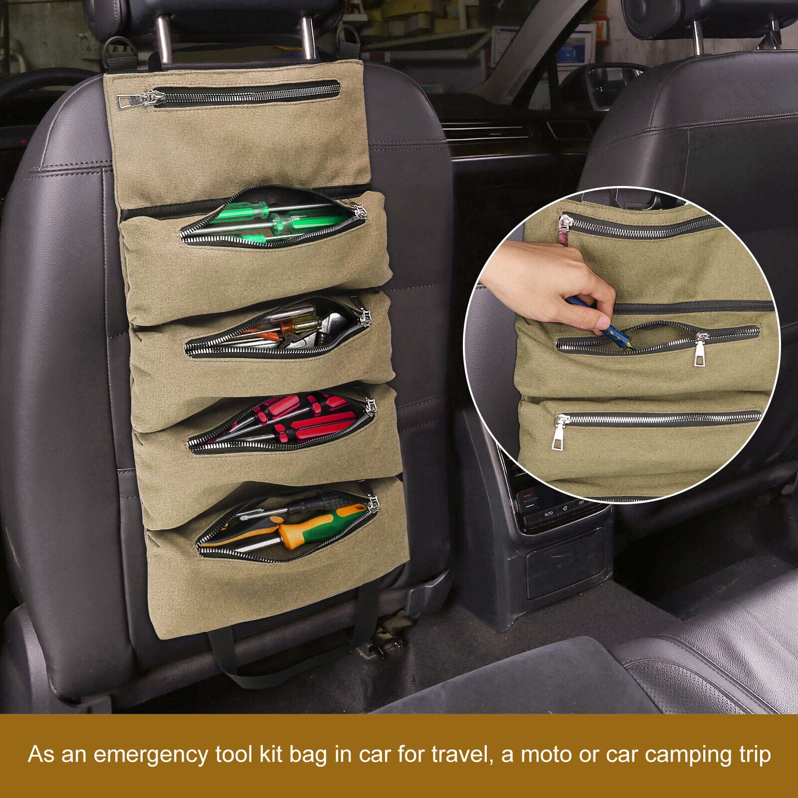 Five Zipper Pockets Roll Up Tool Bag Multi-Purpose Tool Roll Up Bag(Khaki)