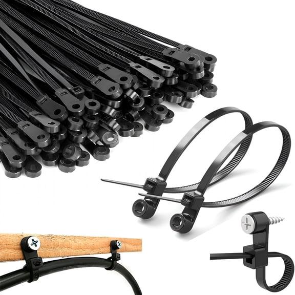 ZHZFKQ 8 Inch Black Zip Ties with Screw Hole, Heavy Duty Cable Ties for Cords 75 Lbs Mountable Head Zip Tie Screw Mount, Zip Wall Wire Ties for Indoor And Outdoor Use (50, 8 In)