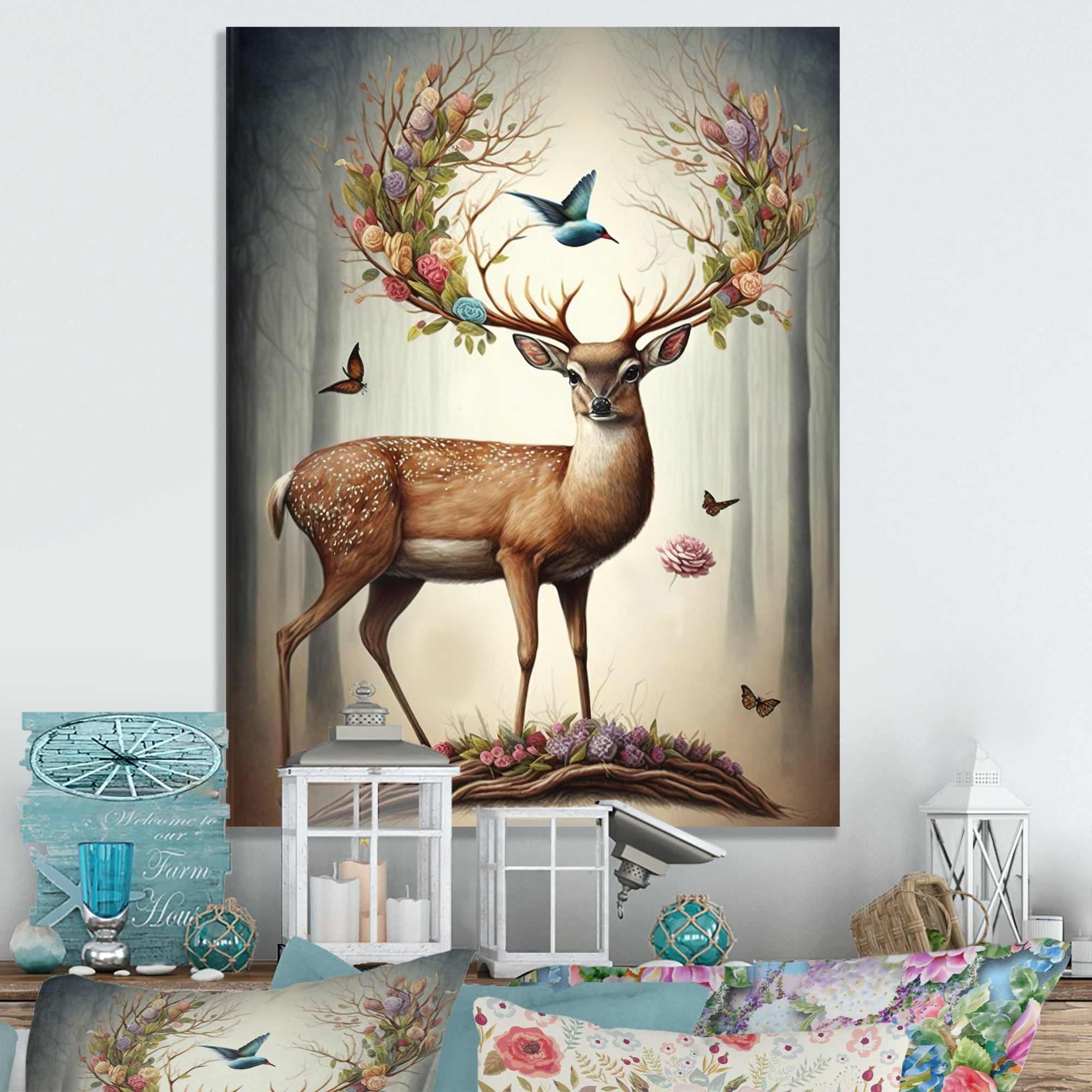 Designart Deer With Blooming Antlers III Canvas Wall Art