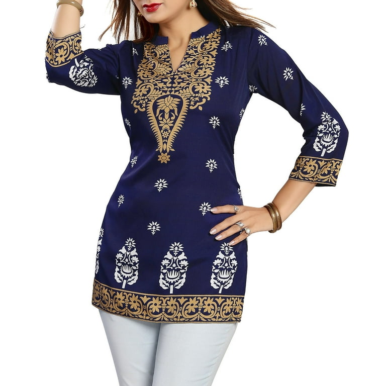 IshDeena Indian Kurtis for Women Indian Style Printed Embroidered Tunics Womens Tops Kurta Large Navy Blue 0622ID4 Walmart