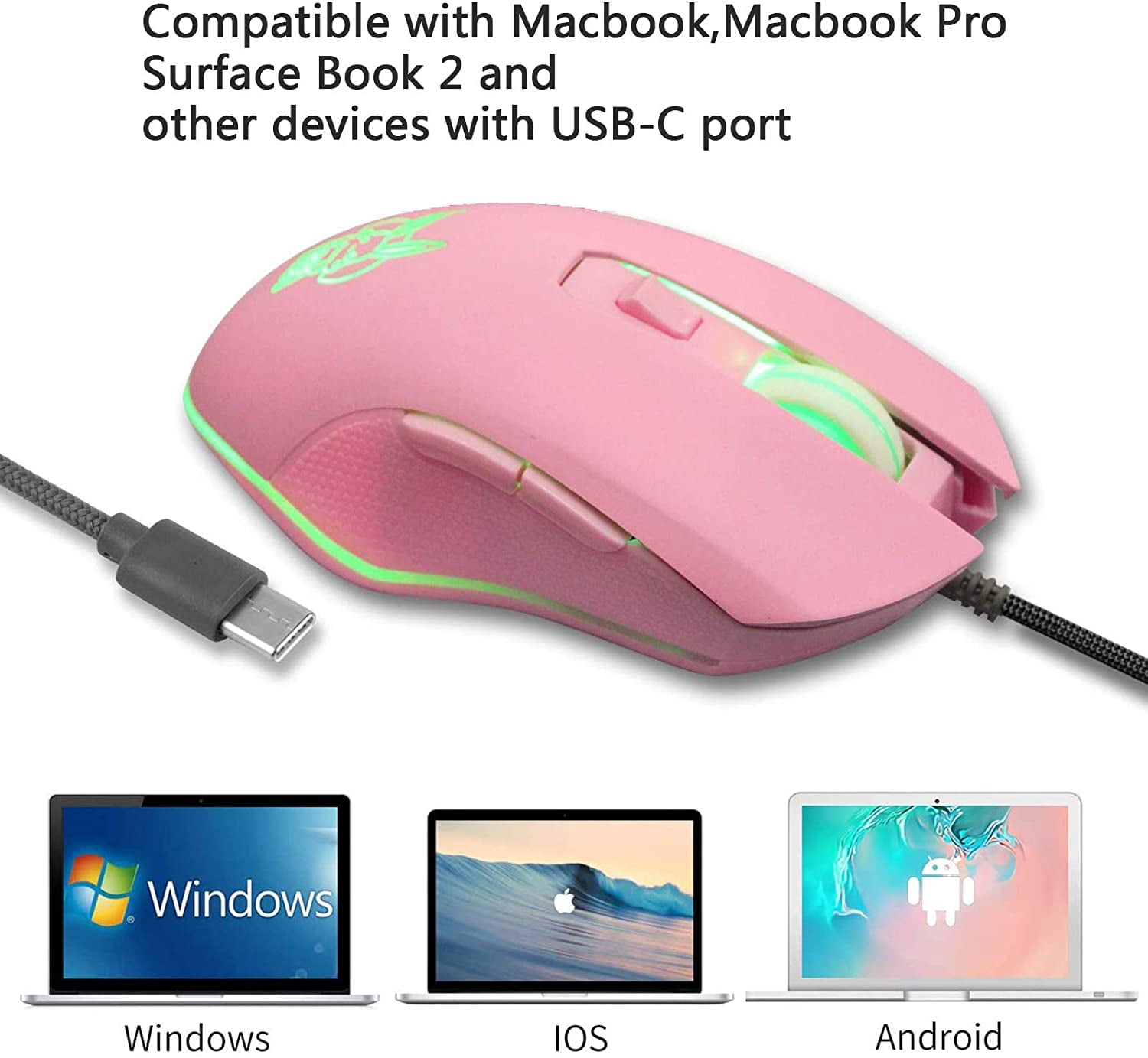 Type C Wired Mouse, Silent Computer Mouse, Optical Gaming Mouse, Ergonomic 7 LED Backlight, 2400 DPI 6 Buttons
