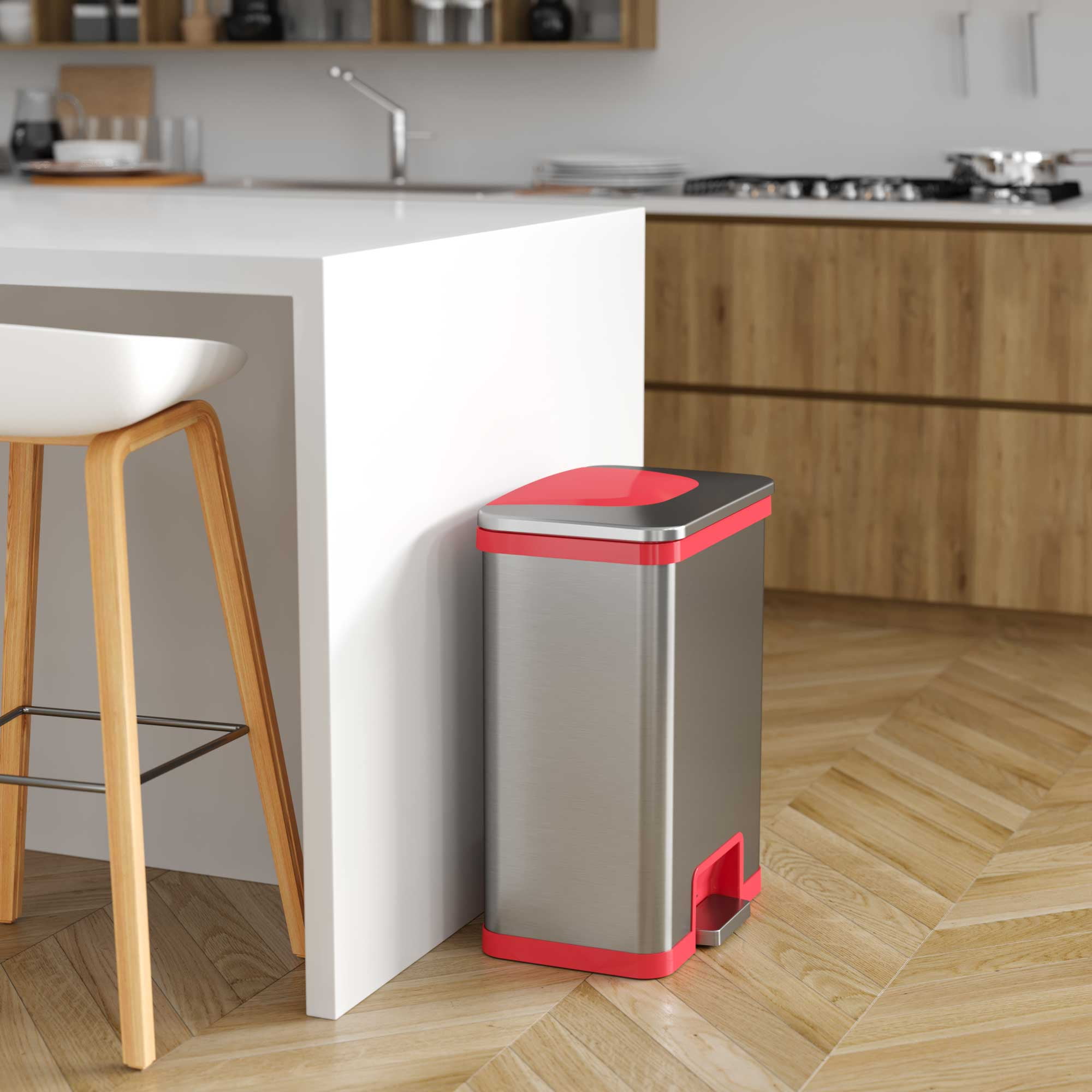 iTouchless AutoStep 13 Gallon Stainless Steel Automatic Step Trash Can with AbsorbX Odor Filter, Red Trim, 49 Liter Garbage Bin for Home, Office