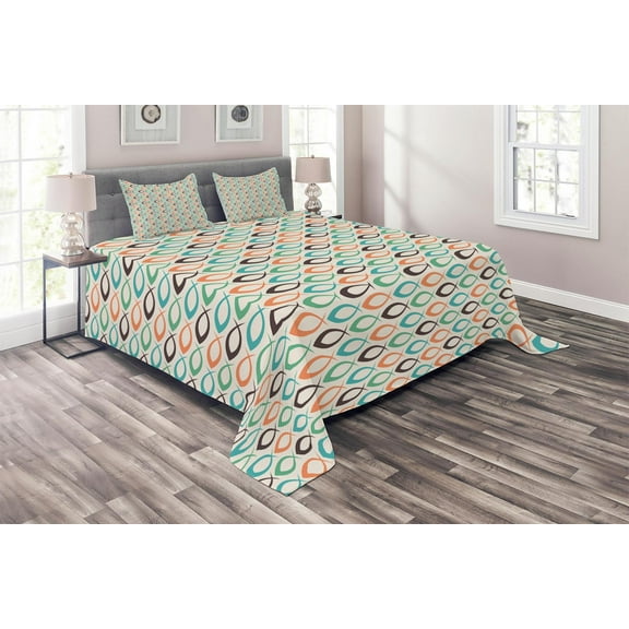 Ambesonne Retro Quilted Coverlet 3 Pcs, Aquatic Life Ocean Fish, King Size, Salmon Brown Turquoise