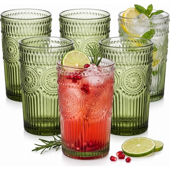 Green Drinking Glasses Set of 6, Glass Cups, Flower