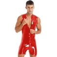 thumbnail image 3 of TiaoBug Men's Patent Leather Sleeveless Leotard Wrestling Singlet Zipper Muscle Stretchy Bodysuit Clubwear Red XL, 3 of 6