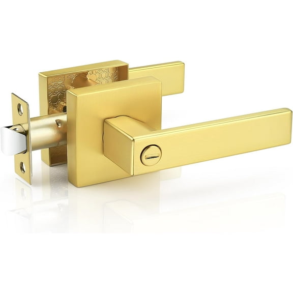 1 Pack Gold Privacy Door Handles,Heavy Duty Satin Brass Door Knobs with Lock for Bedroom and Bathroom,Square Interior Keyless Locksets
