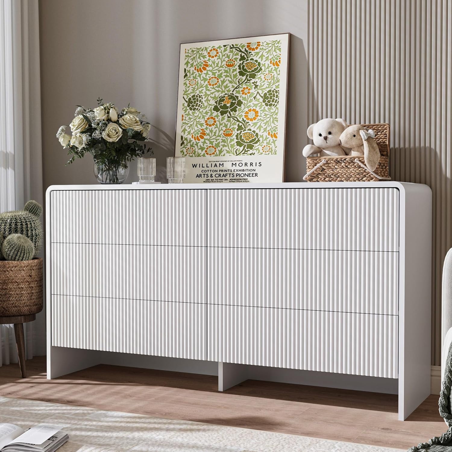 FURNIWAY White Curved 6 Drawer Dresser Push to Open Modern Curved Storage for Bedroom Living Room Closet