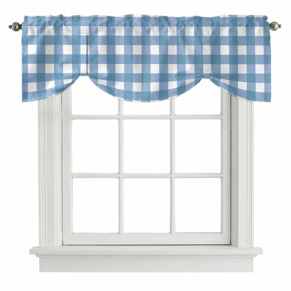 Blue White Plaid Tie Up Valance Curtains for Windows, Kitchen Curtains Window Shades, Gradient Geometric Buffalo Checkered Light Filtering Roman Curtain Valances for Bedroom/Bathroom/Cafe 54"x18"