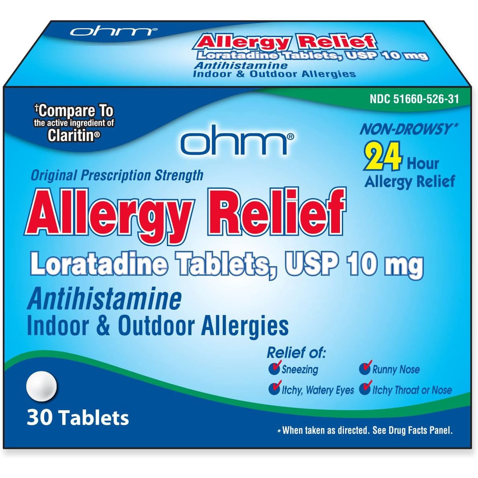 Loratadine USP 10mg Antihistamine 24 Hour Allergy Relief Tablets 30 Count, Non-Drowsy, Original Prescription Strength