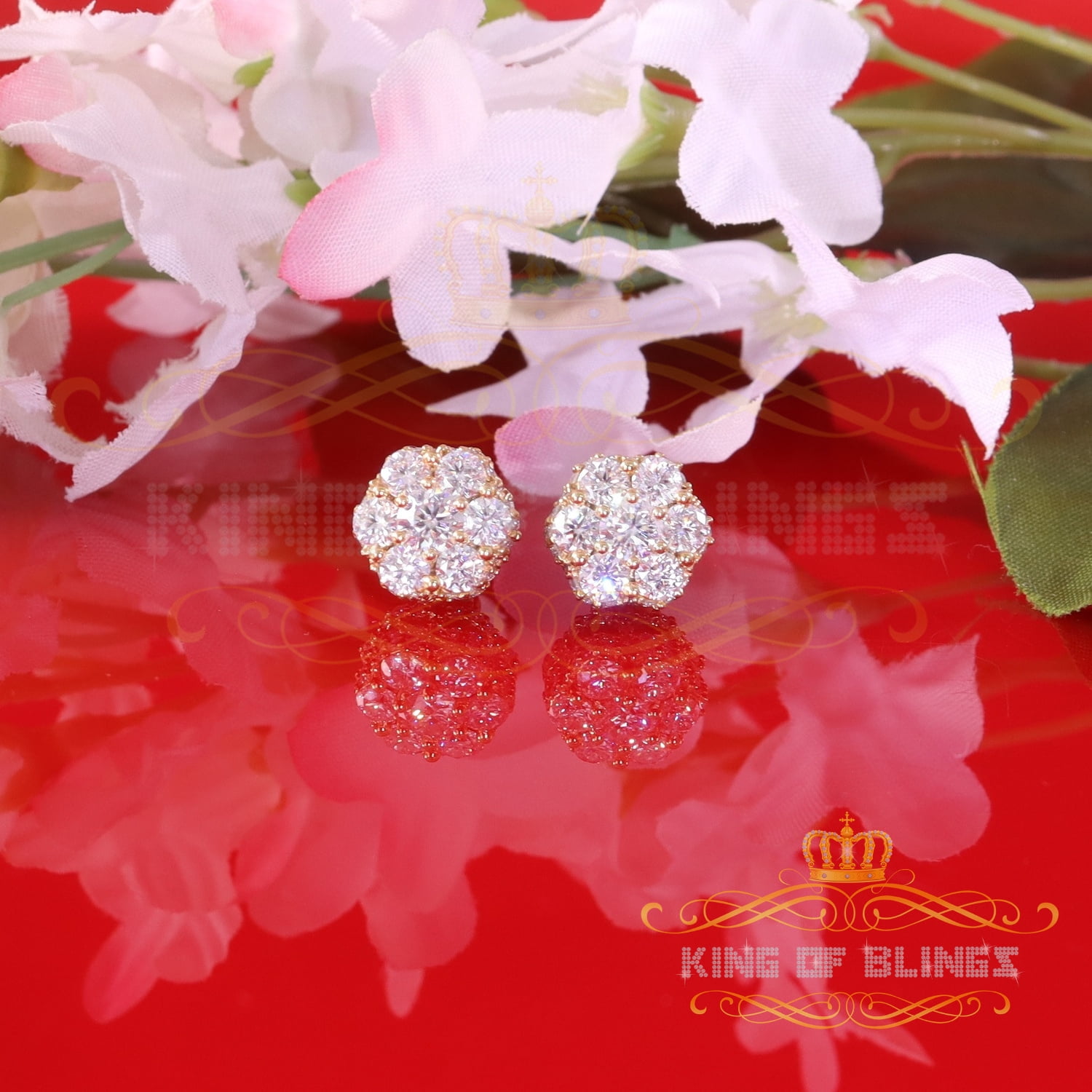 King of Bling's Men's/Women's 925 Silver Yellow 2.00ct VVS 'D' Moissanite 7 Floral Stud Earrings